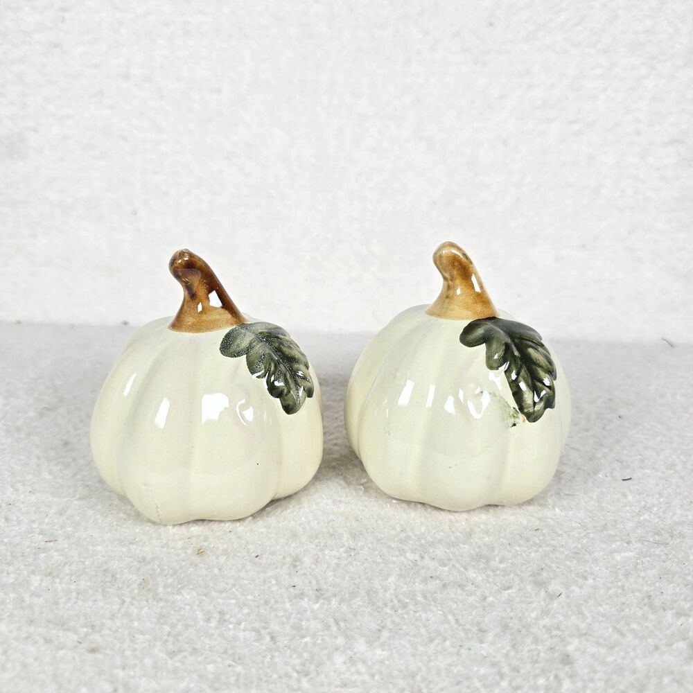 Pottery Pumpkin Figurines 2pc White and  Green Seasonal Decor 4"
